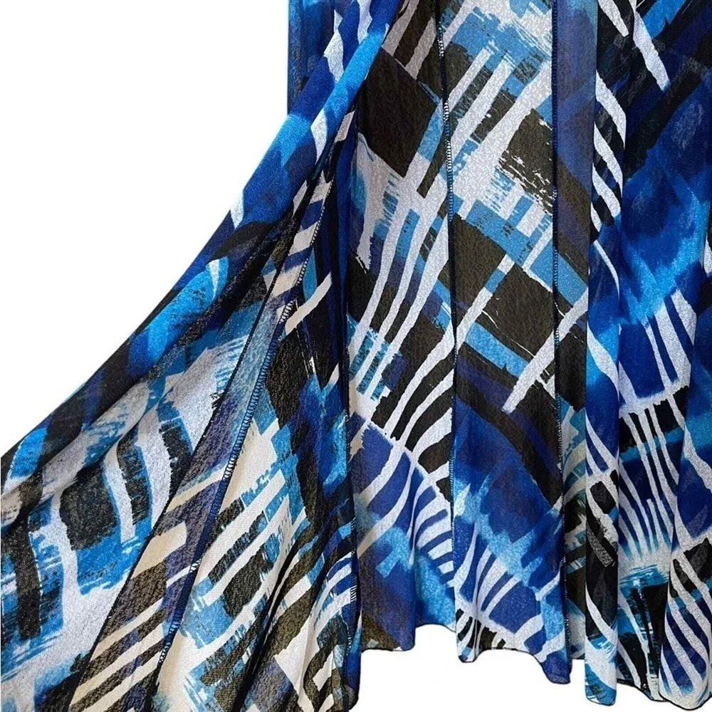 Creation‎ Women Blue Black Abstract Print Open Front Longline Cardigan Size M